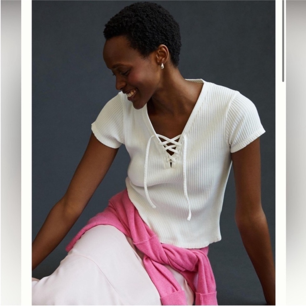 NWT Anthropologie Short Sleeve White Ribbed Lace Up Top XL Wardrobe Staple